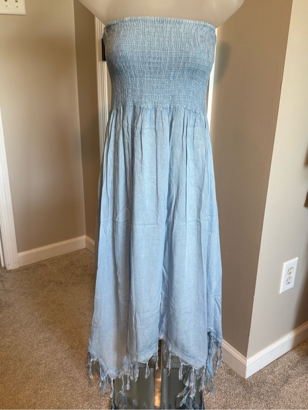 Strapless Light Blue Smocked Midi Dress with Fringe Hem
